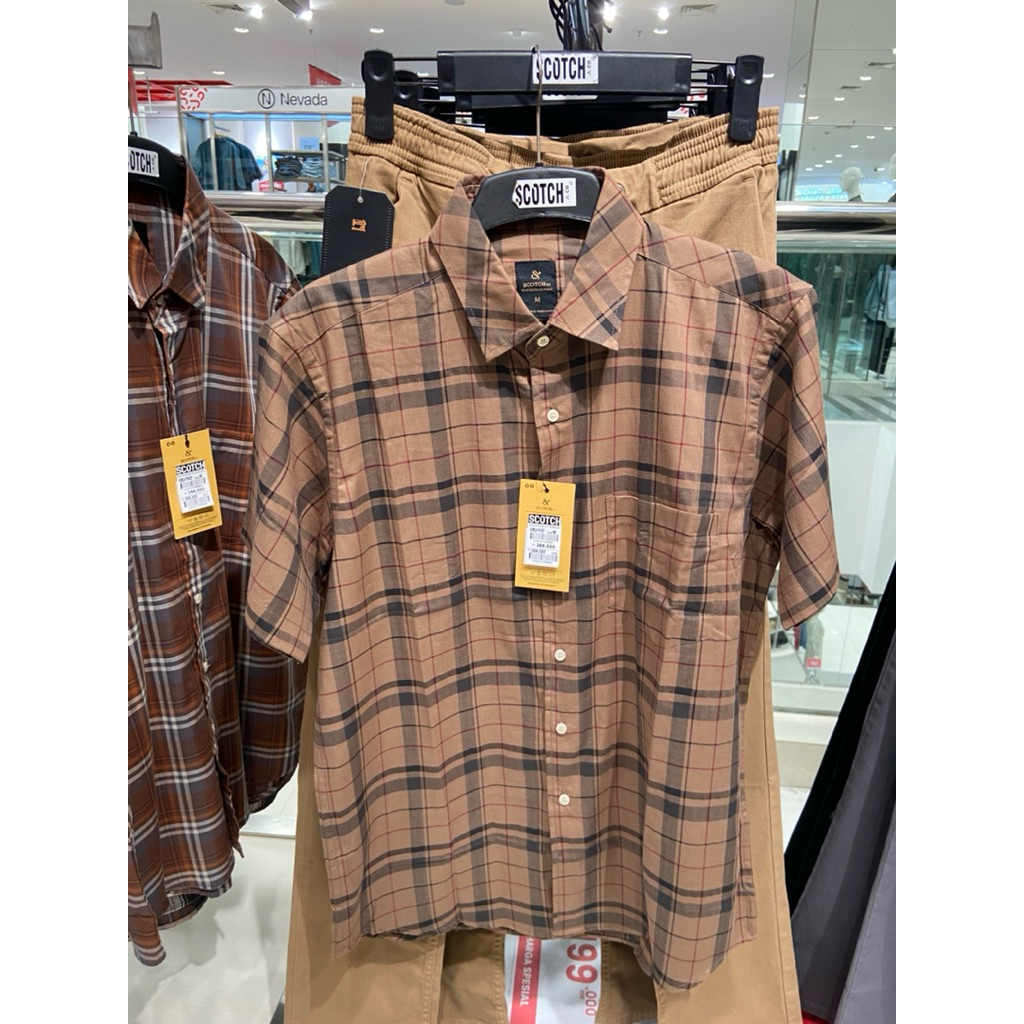 kemeja pendek kotak scotch pria original