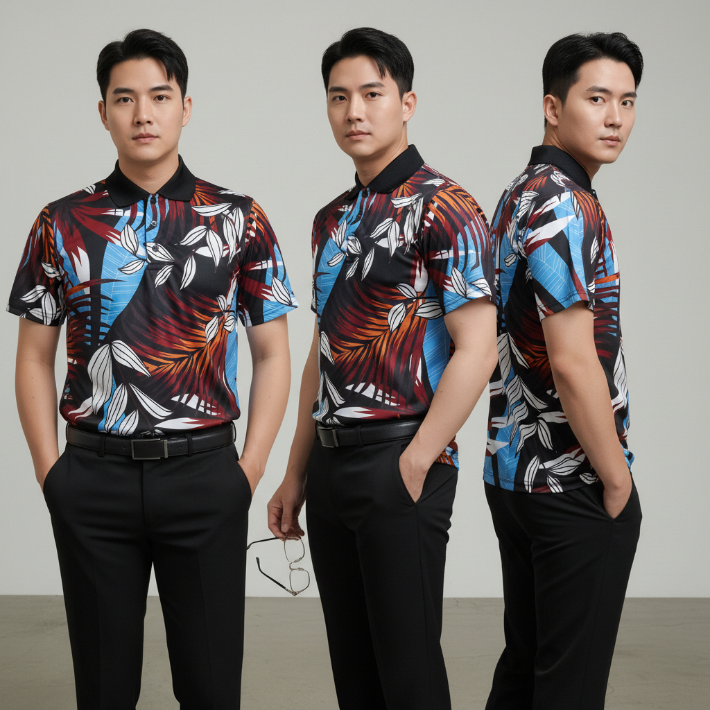 Polo Shirt Sublimasi Motif Daun Tropis Pria