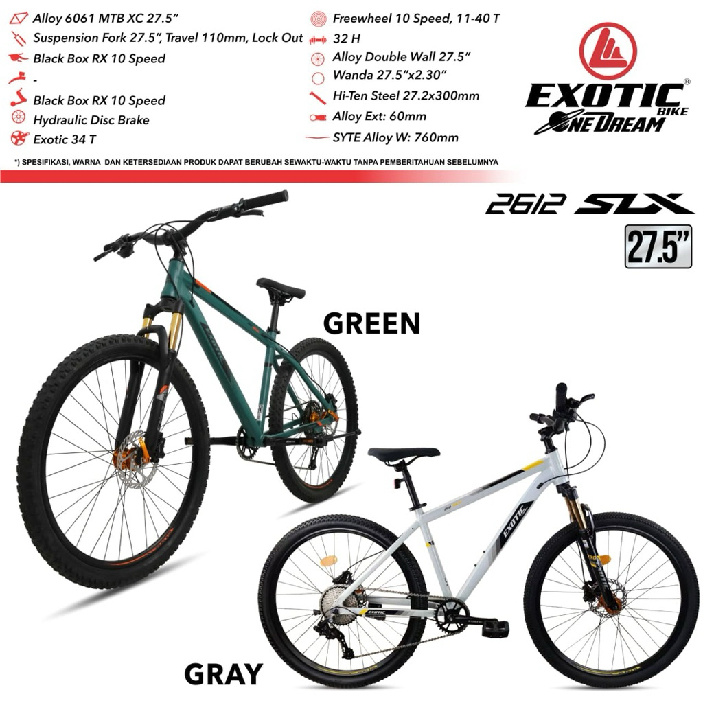 Sepeda MTB ukuran 27,5 Exotic ET 2612 SLX Alloy Hidrolik