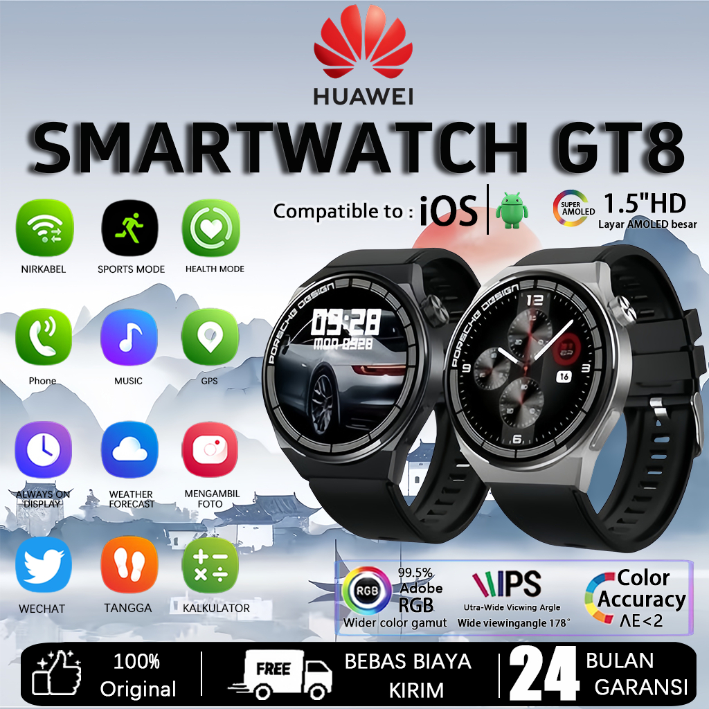[100% Asli][Garansi 24 bulan][COD]HUAWEI SmartWatch Porsche GPS NFC IP68 Water Monitor Monitor Detak