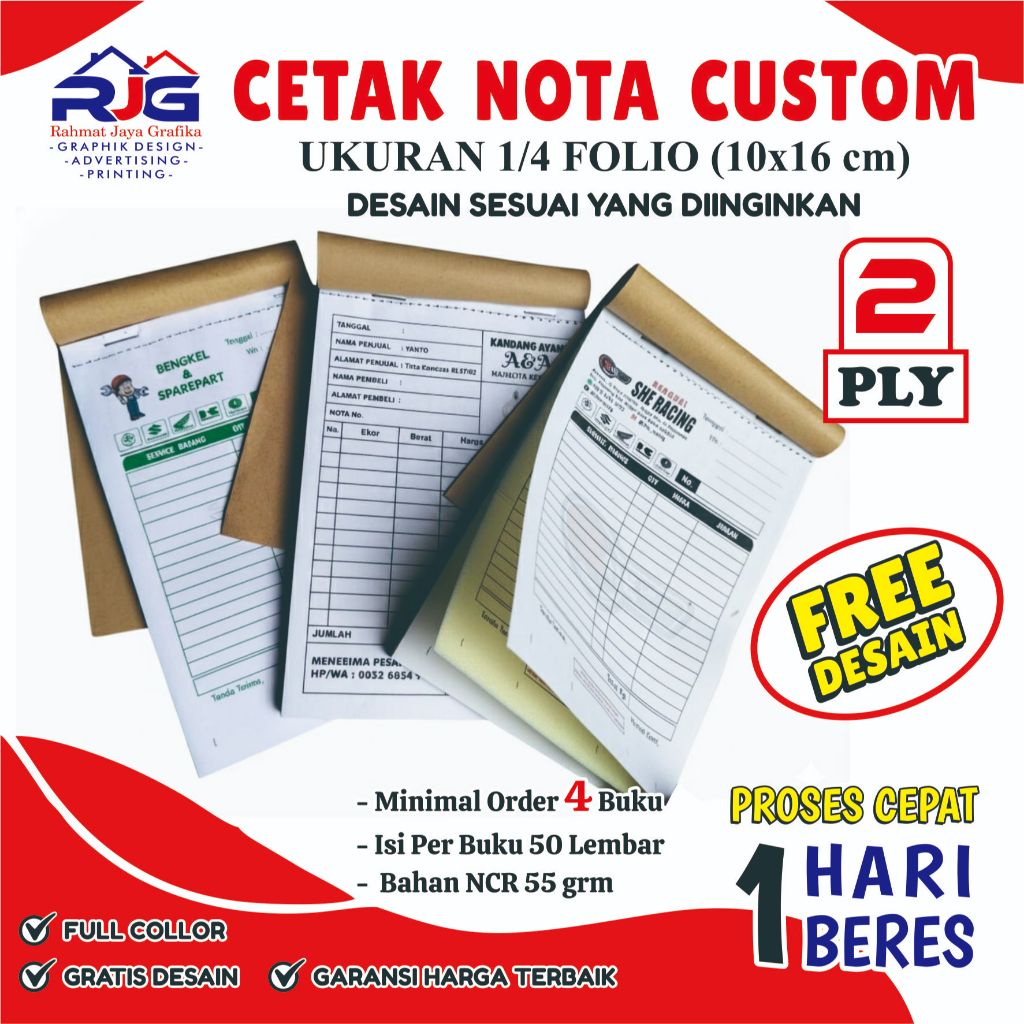 Nota Custom 2 Ply Ukuran 1/4 folio Nama Toko / Olshop - Kertas NCR Carbonless  Cetak Full Color