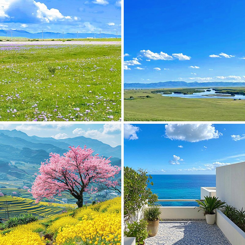 Latar livestream pemandangan padang rumput dengan langit biru dan awan putih, kain latar untuk dekor