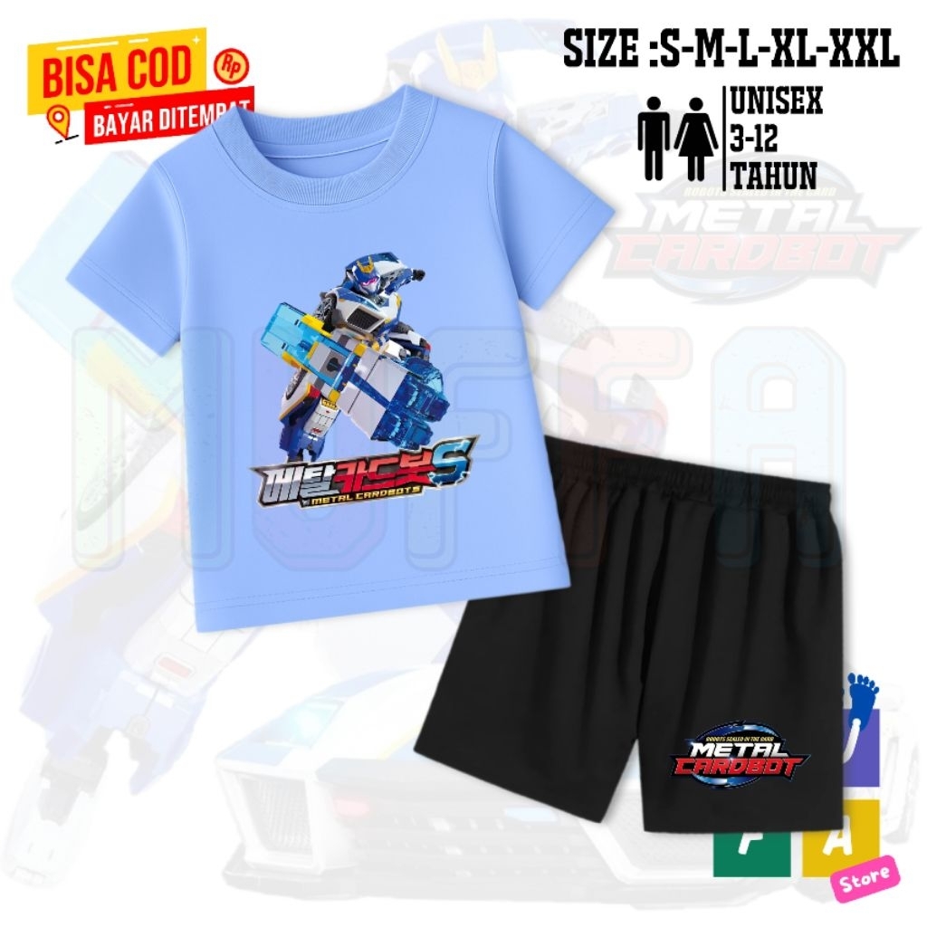 setelan kaos celana anak metal cardbot transforming robot blue / setelan anak distro