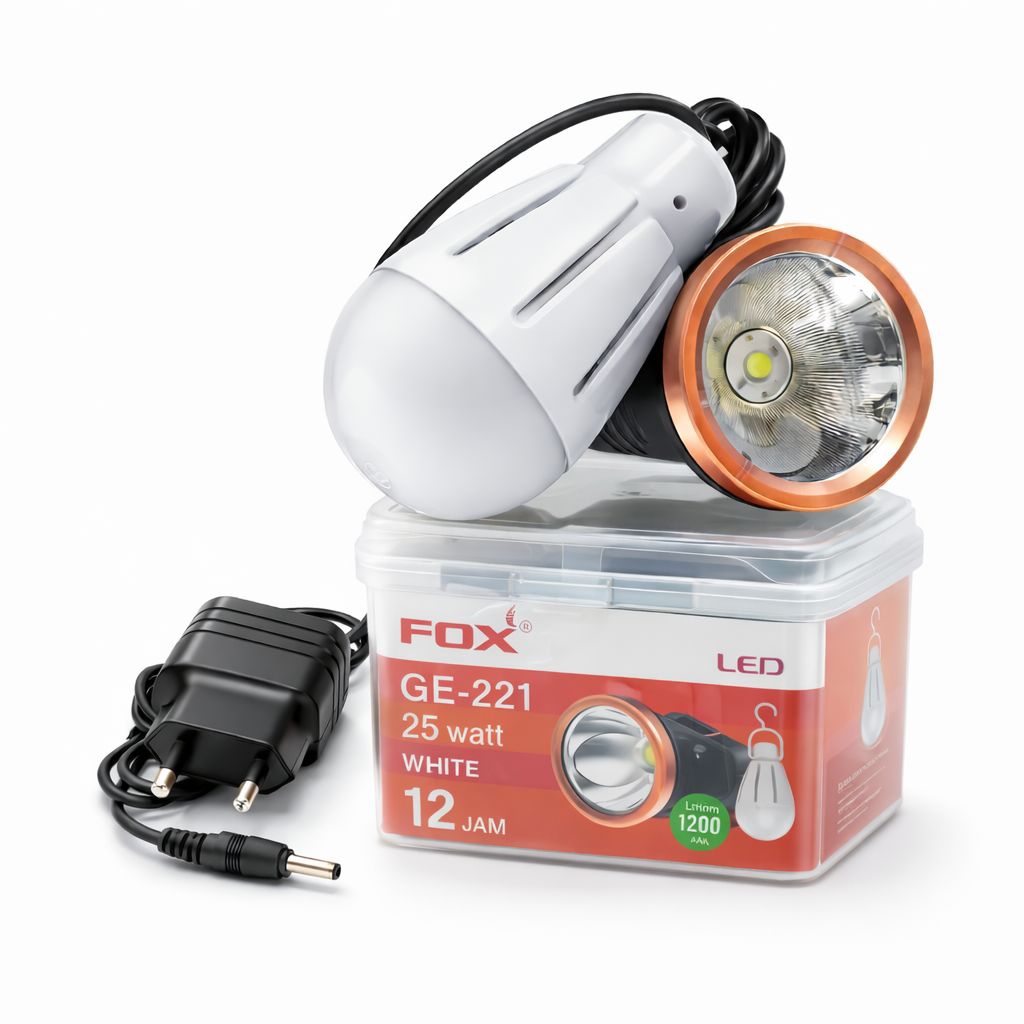 Senter Kepala Super Terang Fox GE 221 25W + Lampu Bohlam LED Emergency Cahaya Putih - Senter Camping