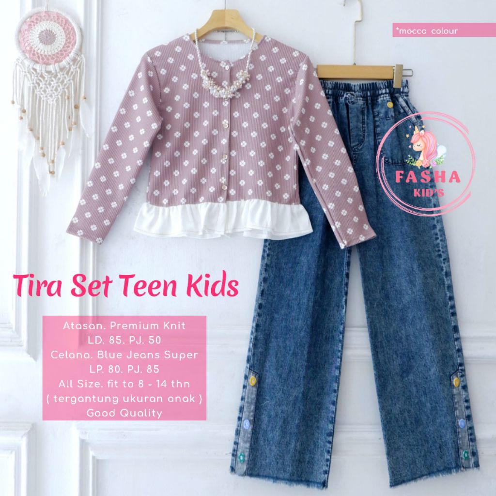 New Fasha - Maurin Neera set teen setelan jeans anak mix atasan kemeja model korea rompi depan menya