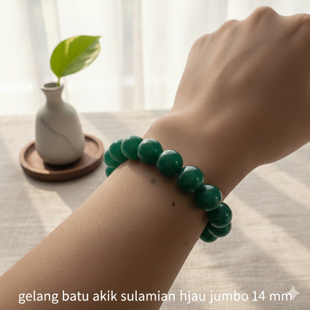 gelang batu akik asli natural alam batu sulaiman hijau jumbo 14 mm