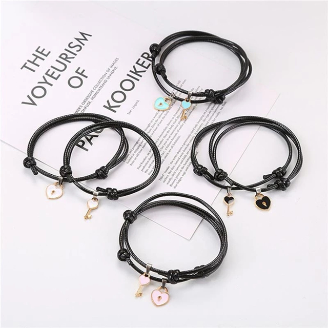 Gelang Couple (2pcs) Alloy Paduan Tali Hitam Kunci Gembok Gelang Pasangan