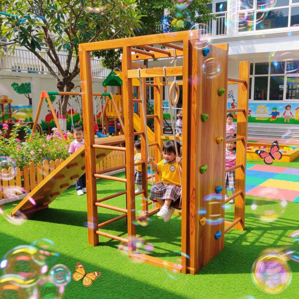 Mainan Panjatan Anak Perosotan Kayu Premium– Triangle Playground Brakiasi Tebing Mini Untuk di Rumah