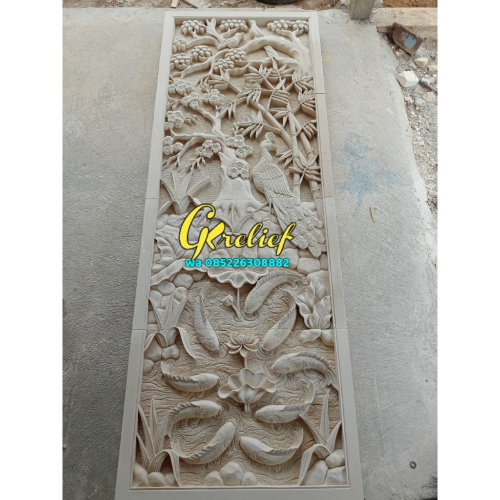 relief ukir batu paras design pemandangan alam