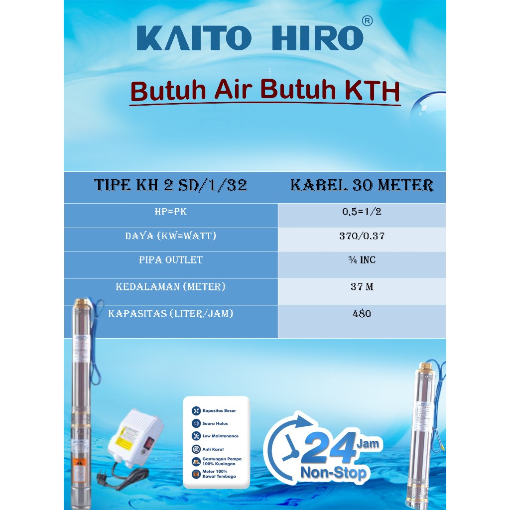 pompa submersibel kh 2 inc 0,5 Hp Kaito Hiro + 30 meter
