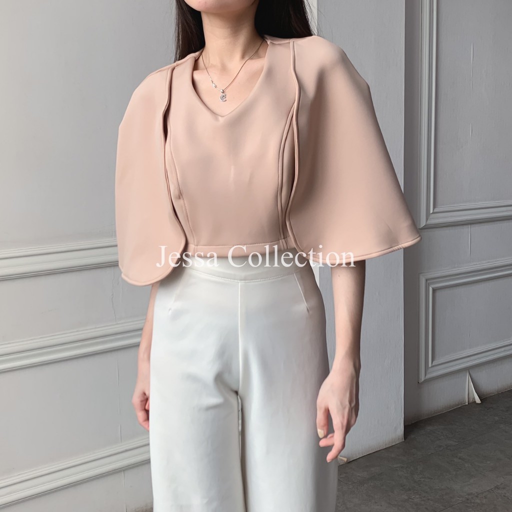 Atasan V-neck Biyubiyu FG Baju Kantor Wanita Atasan Kerah V Bahan Scuba Baju Natal Casual Simple