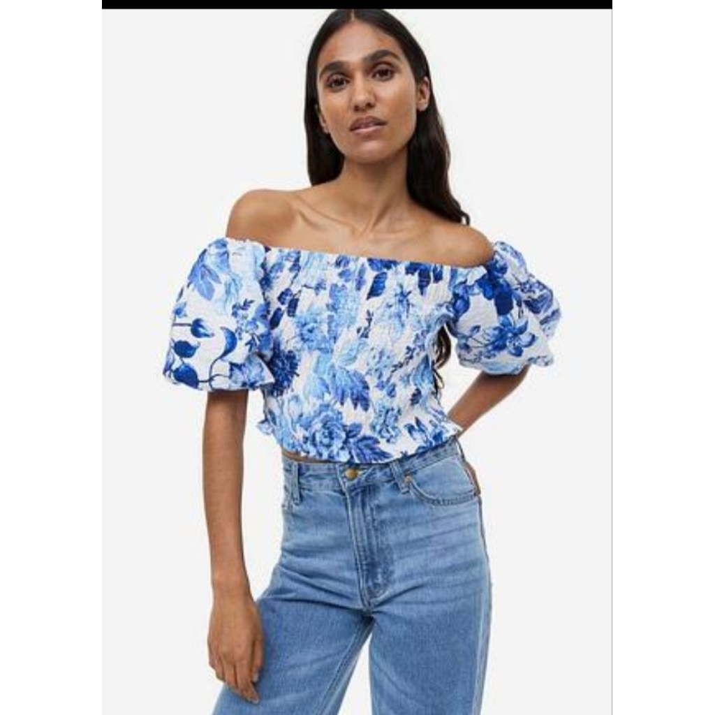 Cropt Top Atasan blouse sabrina Perempuan Wanita Dewasa remaja Baju Santai Bunga Bunga Warna Kuning 