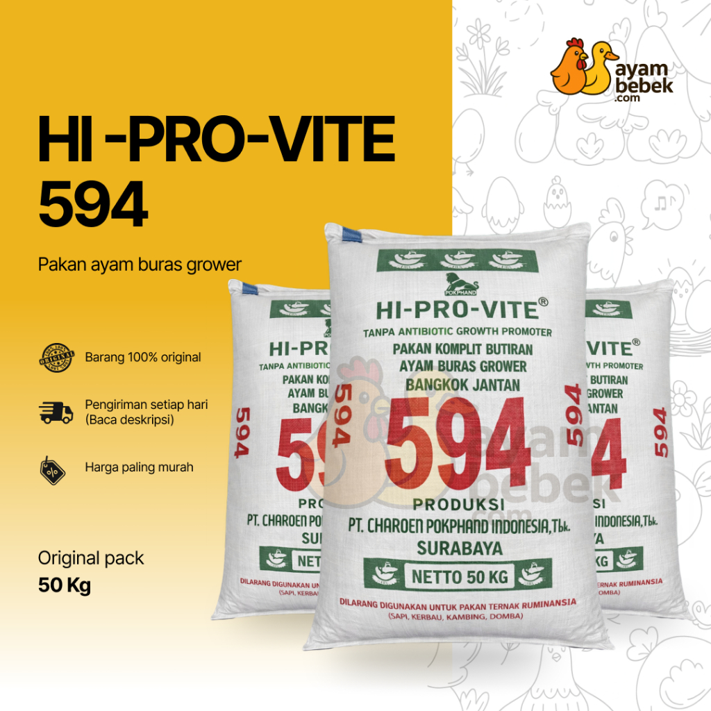 Pakan Ayam Buras / Kampung / Bangkok 594 Grower | HI-PRO-VITE 594 Crumble | GROSIR 20KG - 50KG | Aya
