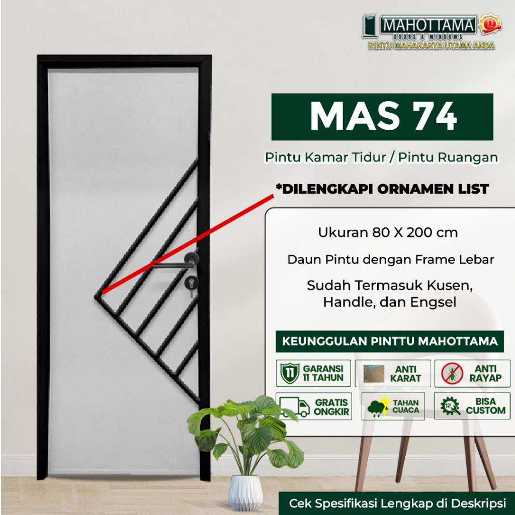 MAHOTTAMA MAS74 - Pintu Aluminium Rumah Utama Kamar Tidur / Mandi 80 x 200 Bisa Custom Ukuran Almuni