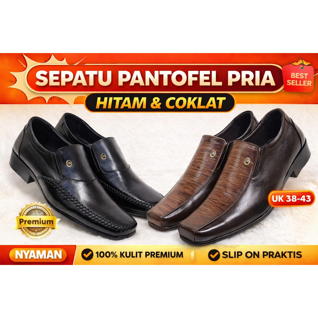 Sepatu Kerja Pria Pansus Kulit Premium Slip On Formal Hitam / Coklat