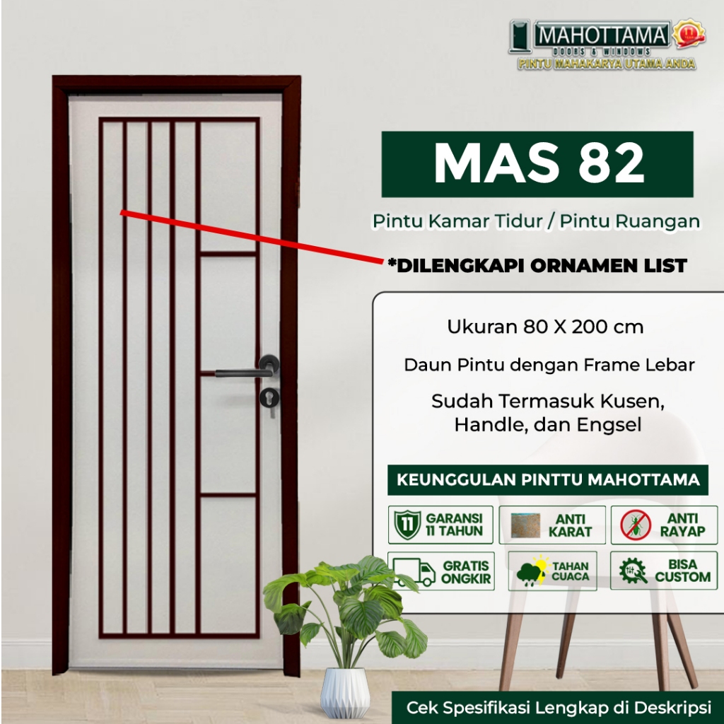 MAHOTTAMA MAS82 - Pintu Aluminium Rumah Utama Kamar Tidur / Mandi 80 x 200 Bisa Custom Ukuran Almuni