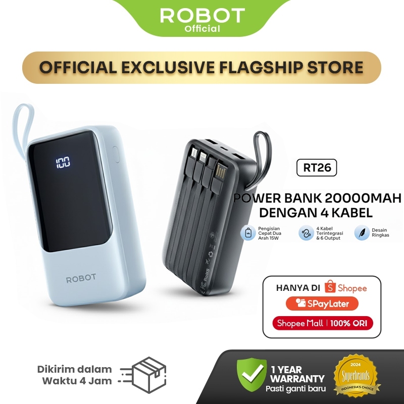 ROBOT Powerbank Fast Charging 20000mAh PD 15W With Port and Cable Micro Type-C Lightning Power bank 