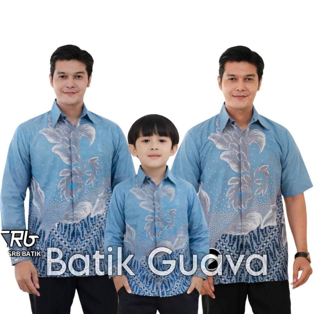 Anggrek Blue - Batik Guava - Batik Couple Ayah dan Anak Laki-laki - Panjang dan Pendek Biru Muda