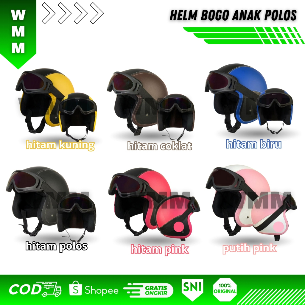 HELM ANAK BOGO RETRO  POLOS USIA 2 -7TAHUN FULL KULIT FREE KACAMATA
