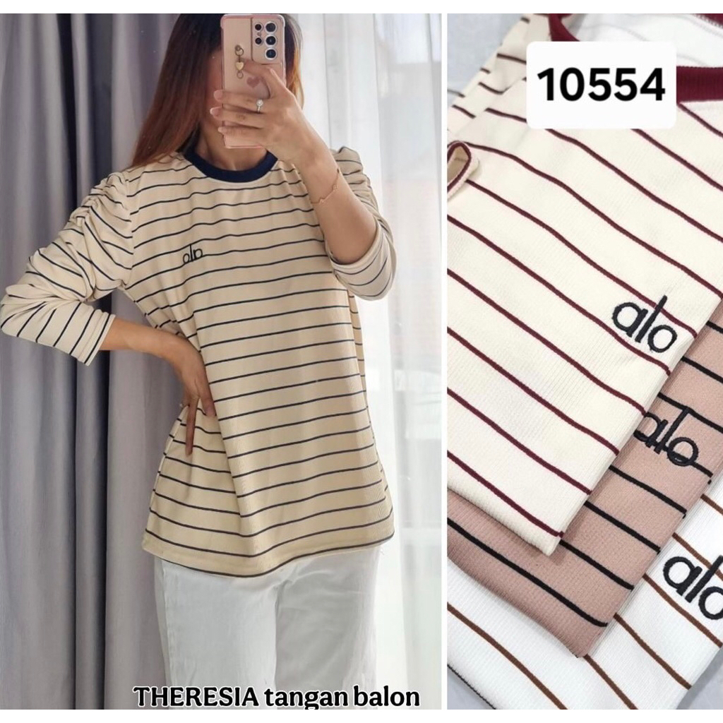 Blouse Stripe Theresia Knit Soft Premium | Atasan Wanita Tangan Balon Kekinian | Kaos Knit Wanita Si
