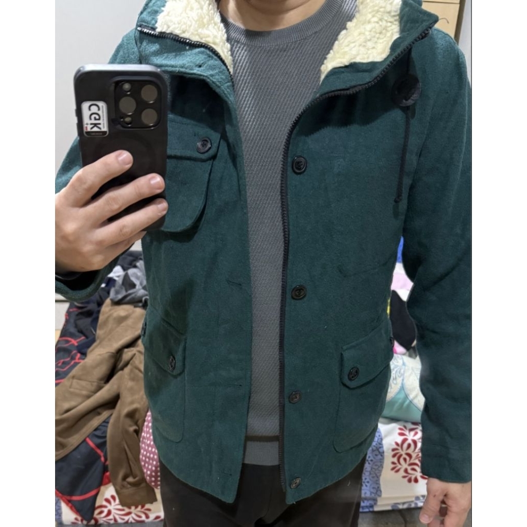 Jaket coat wool sherpa hoodie winter musim dingin pria uk M hijau