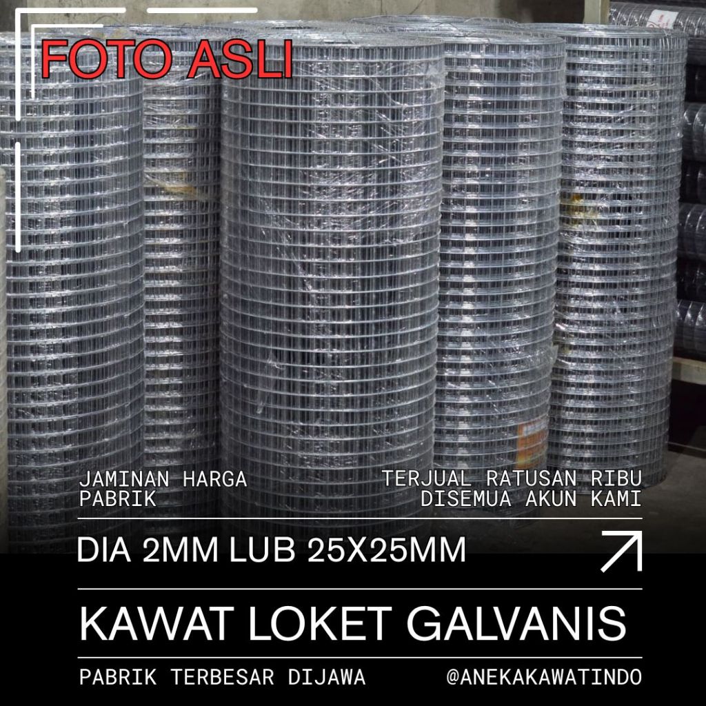 Kawat Loket Galvanis Tebal 2mm - Lubangan 25x25mm - Ukuran 1,2x10m