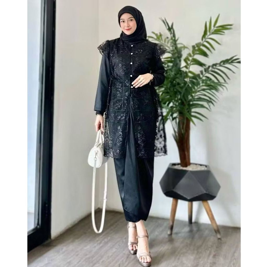 Stelan Tunik Brukat 2 in 1 Baju Kondangan Mewah Terbaru 2025 Dress Tunik Premium Mahogany Elegan