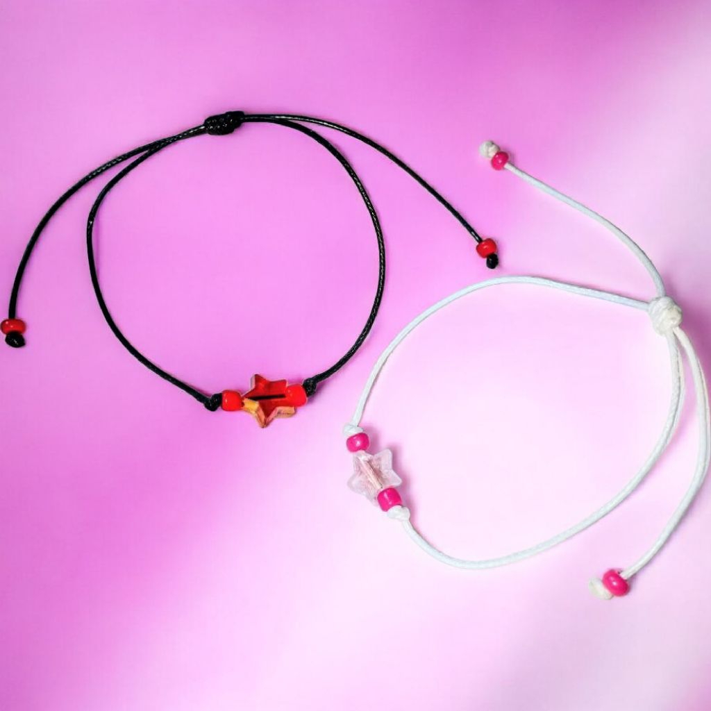 ( Beerrysaa ) Gelang manik serut motif BINTANG MERAH PINK Tali warna hitam putih bracelet gelang man