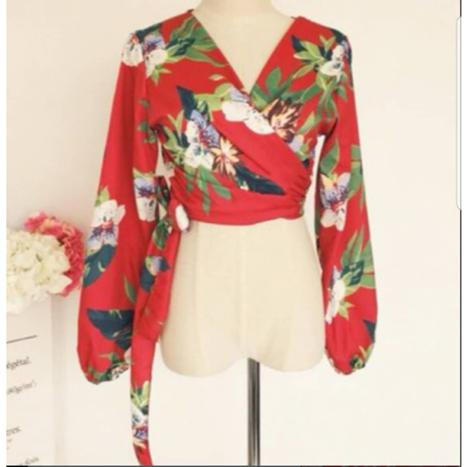 Baju Blouse Atasan wanita kimono wrap Vneck bahan satin bunga
