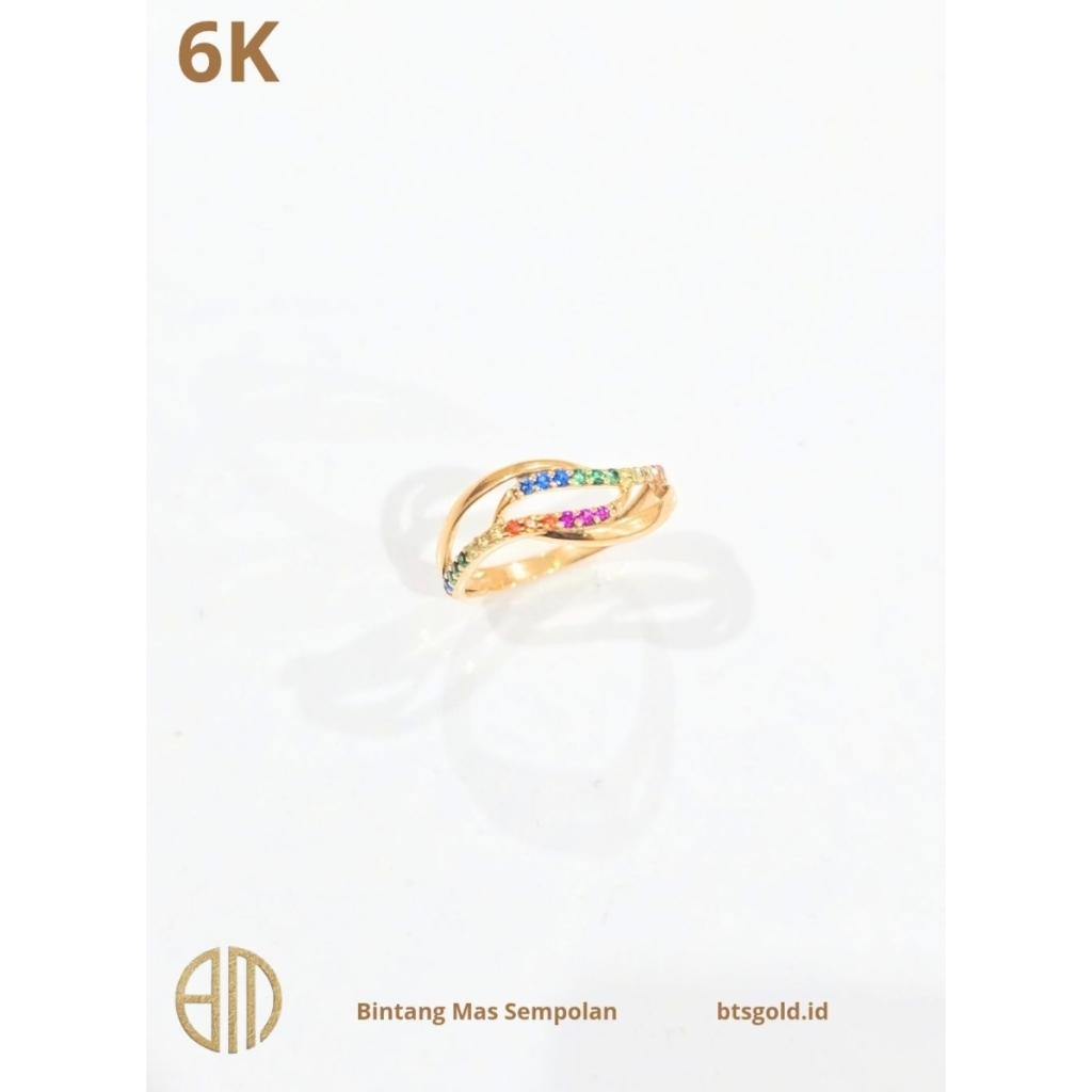 Cincin Gelombang Permata Rainbow Emas Asli