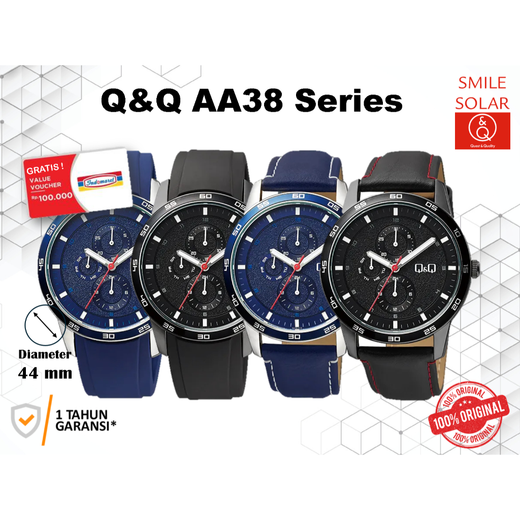 Jam Tangan Pria Stylist Casual Kulit Leather Chronograph Analog Original Q&Q QnQ QQ AA38 AA38J Serie