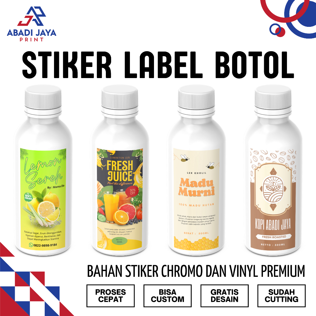STIKER LABEL BOTOL STICKER MINUMAN LABEL CUSTOM BAHAN CHROMO DAN VINYL CUTTING KISS CUT TAHAN AIR