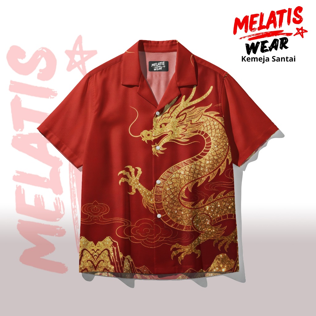 MELATIS Kemeja Pria Motif Naga Emas Jepang Merah Casual Lengan Pendek Bahan Premium | MW-192