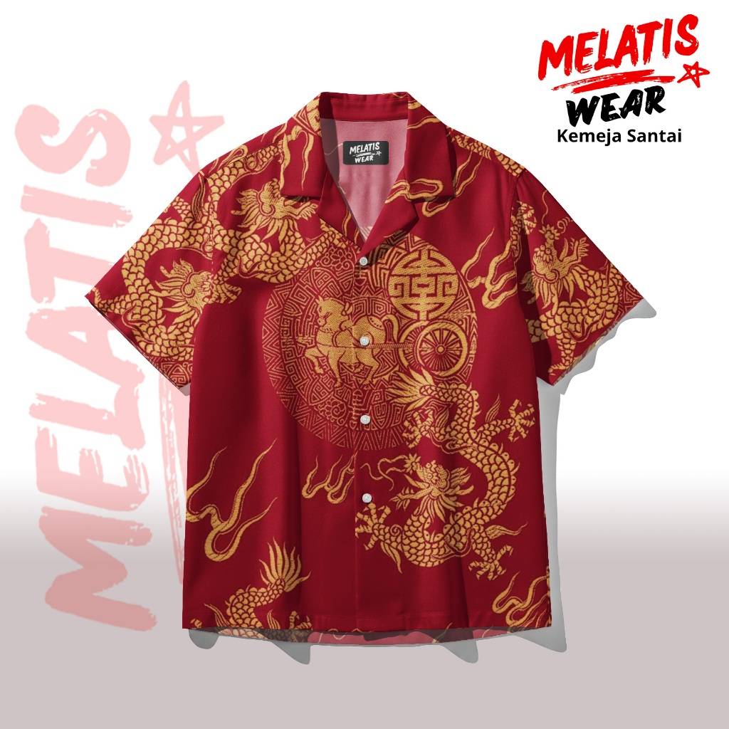 MELATIS Kemeja Pria Motif Naga Full Print Merah Imlek Shanghai Casual Premium | MW-195