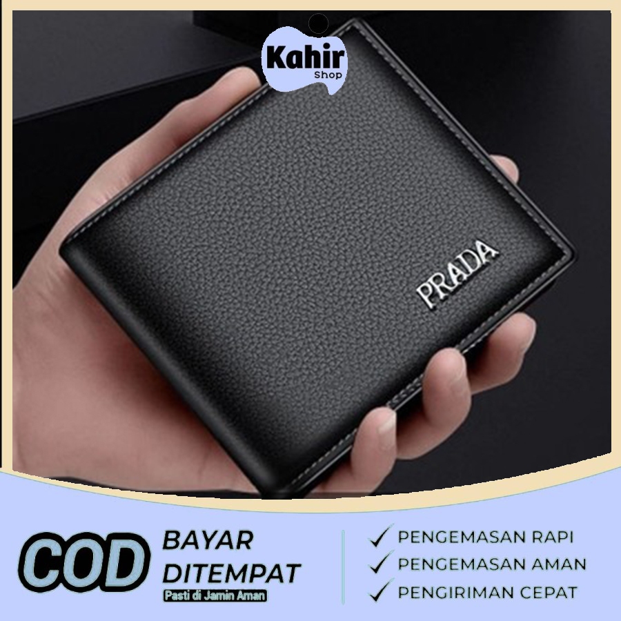Dompet Pria Kulit Sintetis Prada Dompet Lipat Polos Elegan Classic Wallet + Free Box