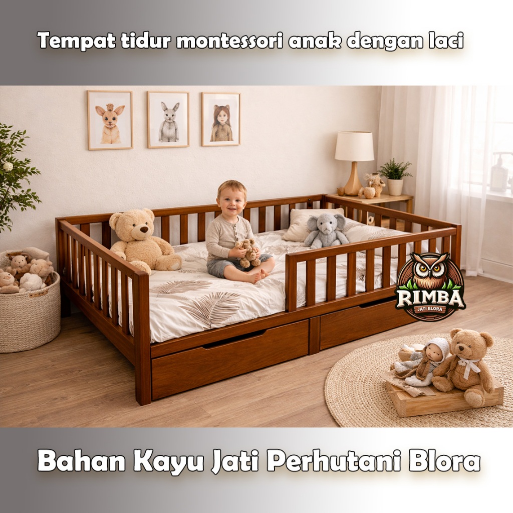 Tempat Tidur Anak Montessori Kayu Jati | Berpagar & Laci