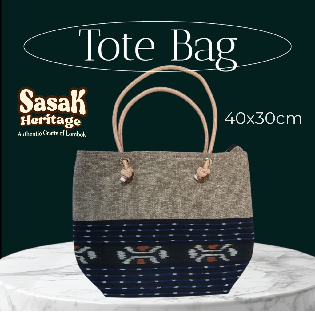 Totebag Kanvas Goni Kombinasi Kain Tenun Sasak Lombok 40x30 cm – Tas Handmade Oleh-Oleh Lombok Motif