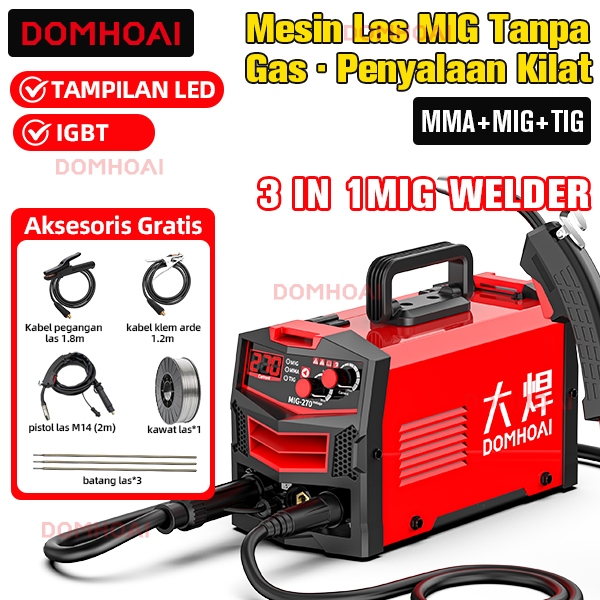 DOMHOAI 3-IN-1 Las listrik MIG-270 Tanpa Gas alat las listrik 900 watt Mesin Las Inverter Welding Ma