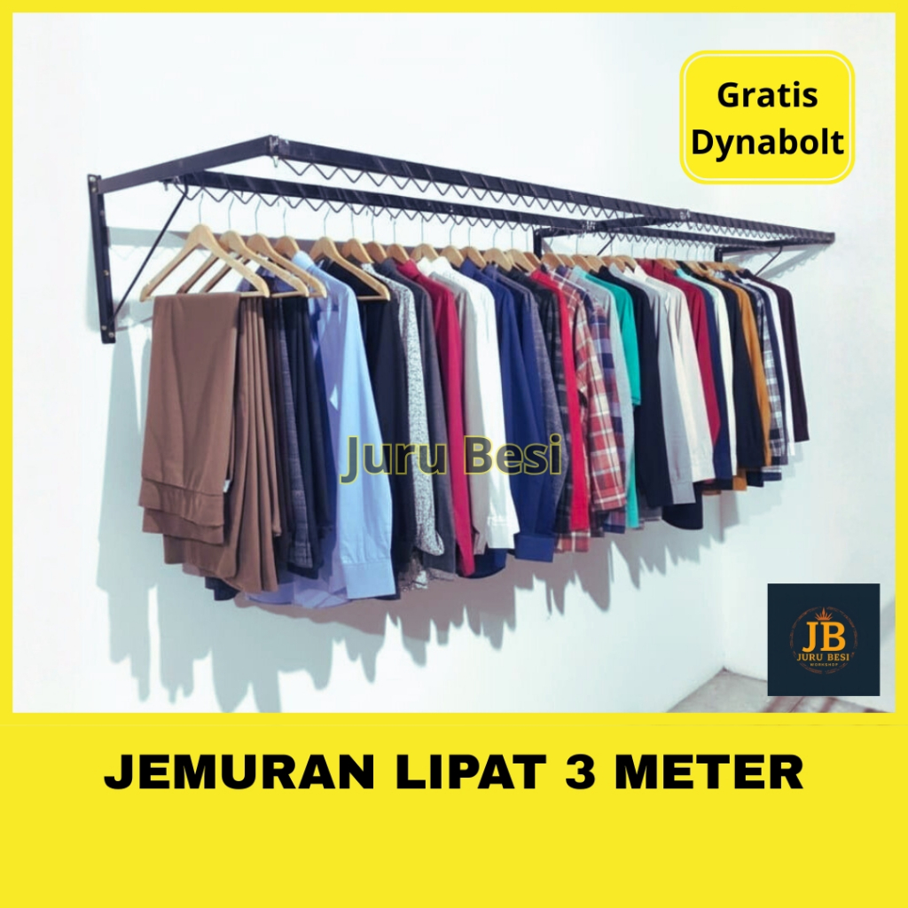 Jemuran Baju Lipat Dinding Besi Galvanis Ukuran 3 Meter Gantungan Pakaian Indoor & Outdoor