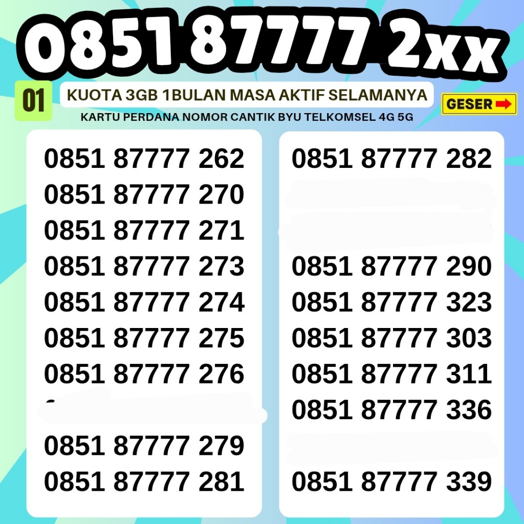 Byu Kartu Perdana Nomor Cantik Telkomsel 4G 5G Nomor Cantik BYU Kuota 3GB 1bulan 24jam Kartu Perdana