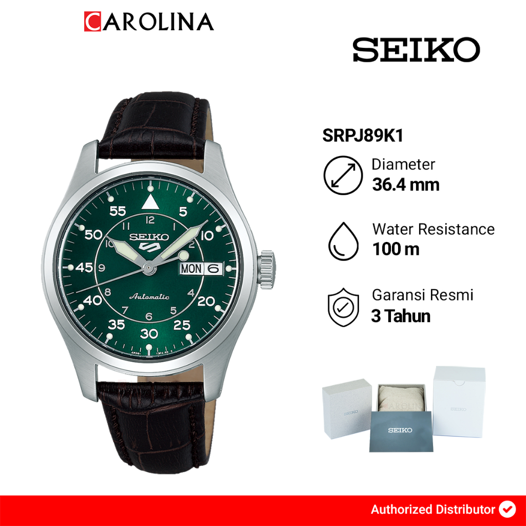Jam Tangan Pria Seiko 5 Sports SRPJ89K1 Flieger Suits Style Kelly Green Flieger Black Leather Strap