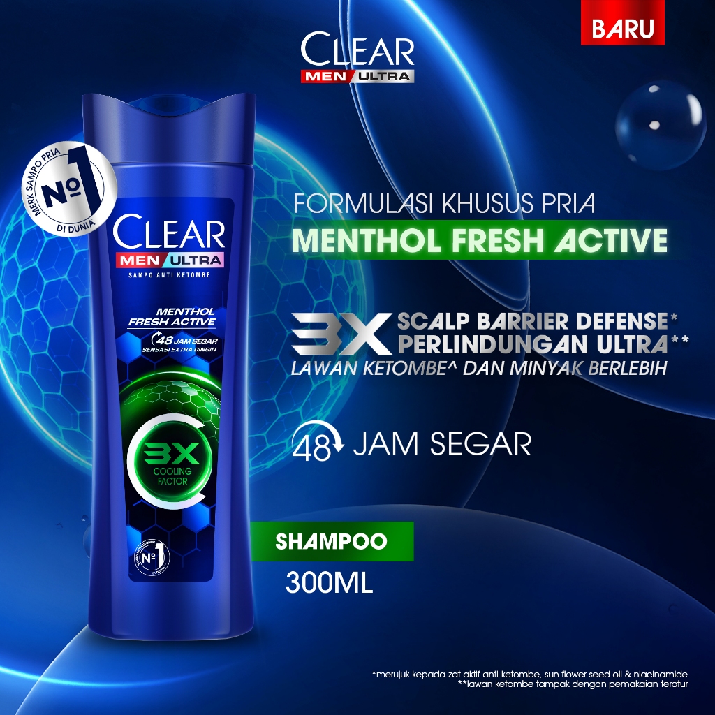 CLEAR Men Shampoo Anti Ketombe Menthol Fresh Active dengan 3 Cooling Factor untuk kesegaran hingga 4