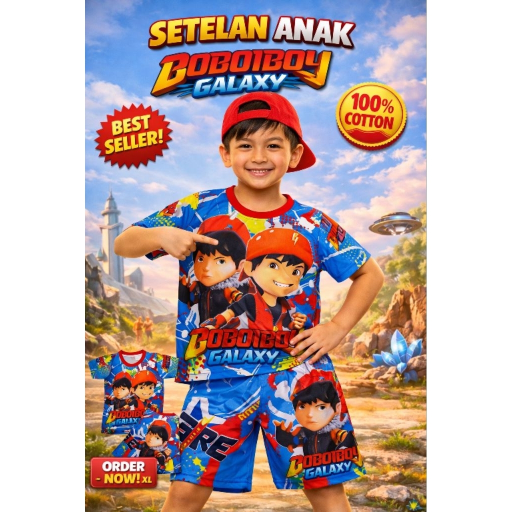 SETELAN BAJU ANAK COWOK KARAKTER BOBOIBOY