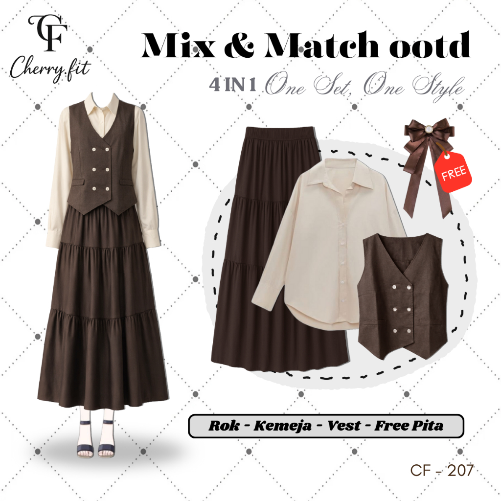 Dark Academia Outfit Yearbook | Set Blouse + Vest + Rok + Kemeja | CF207