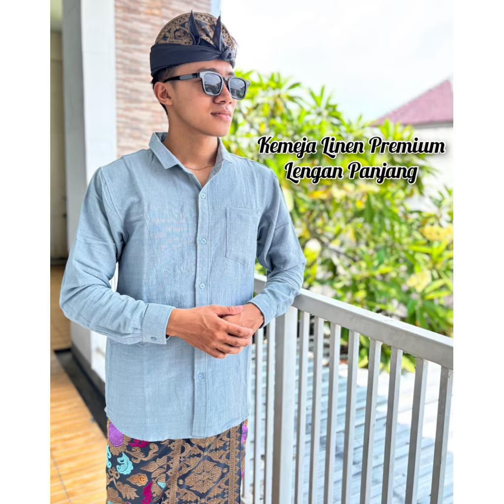 kemeja cowok bahan linen serat jagung tangan panjang / baju atasan pria