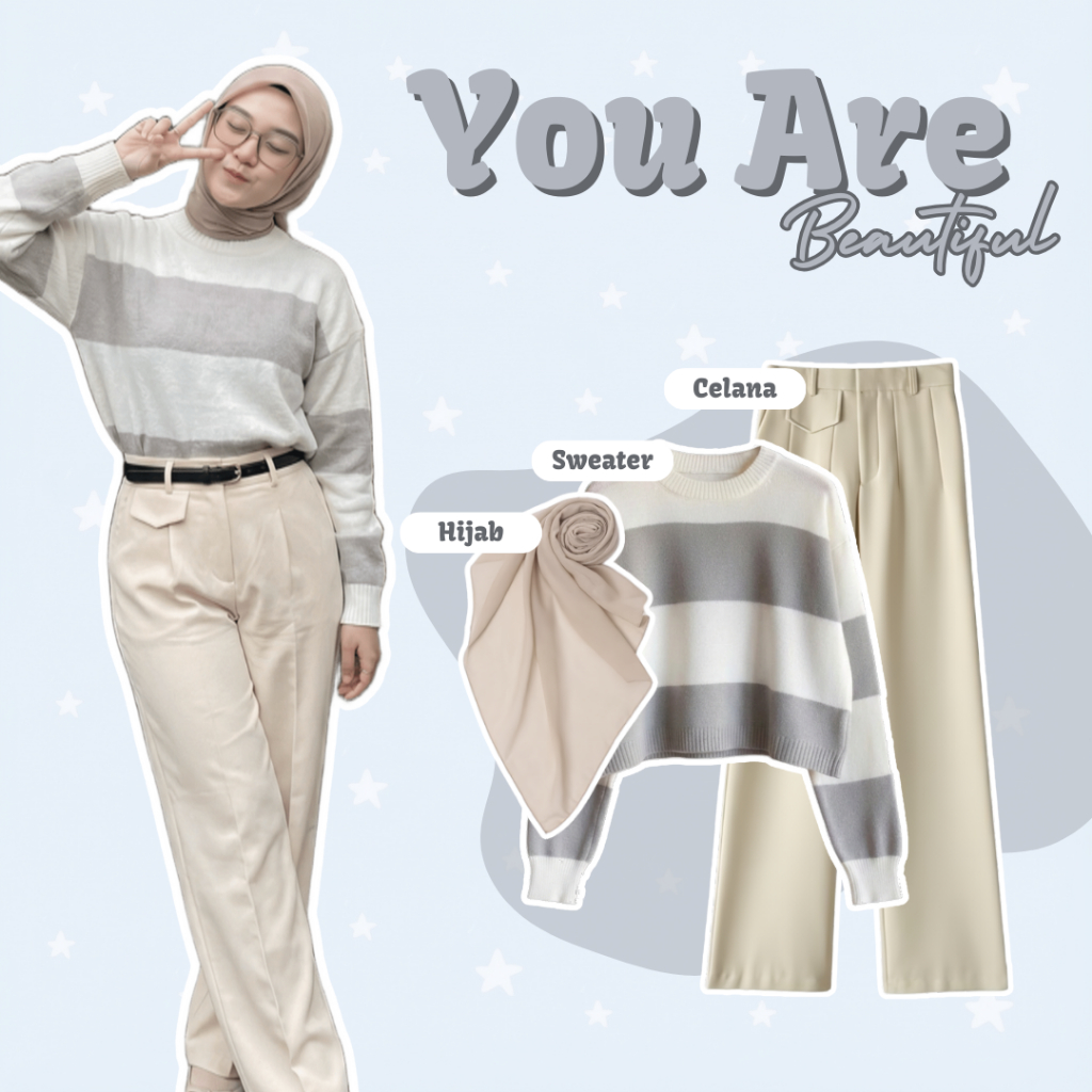 One Set Wanita Remaja | Sweater Stripe, Celana Highwaist, Hijab Square | Outfit Cewek, OOTD Wanita