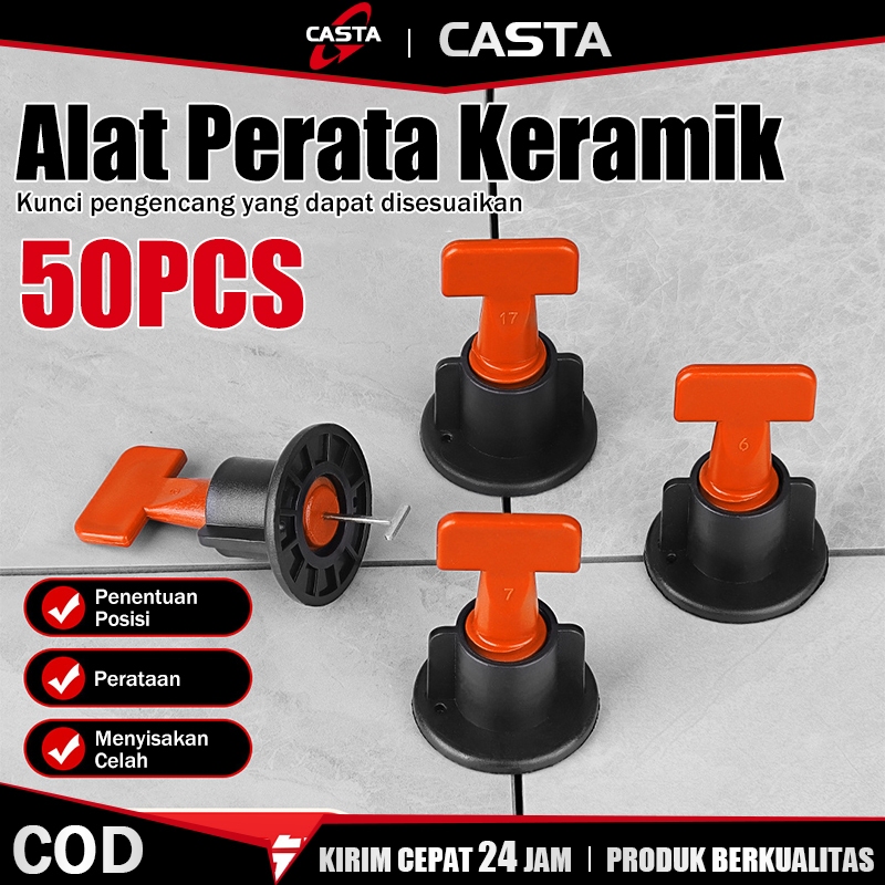 CASTA 50PCS Alat Perata Pasang Keramik Tile Leveling System Reusable Putar Dengan Kunci Wrench Anti 
