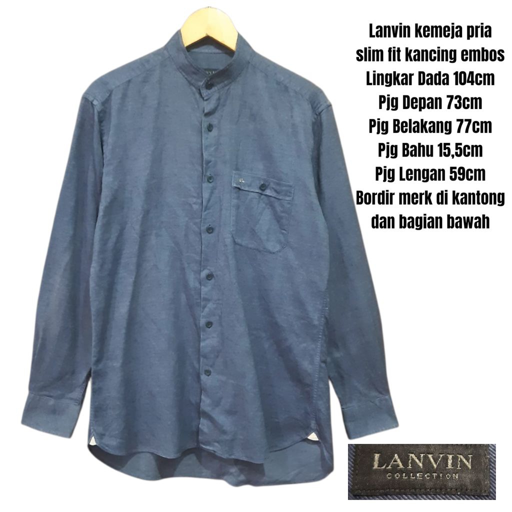 Lanvin kemeja pria slim fit kancing embos