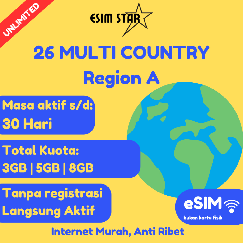esimstar - ESIM 26 MANCA NEGARA Region A | Multi Country ESIM | Travel SIM | Big Data | Internet Roa