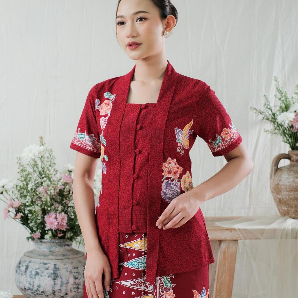 Kebaya Kutubaru Encim Tanahan Batik Naura Lengan Pendek Meradelima Katun Merah Maroon